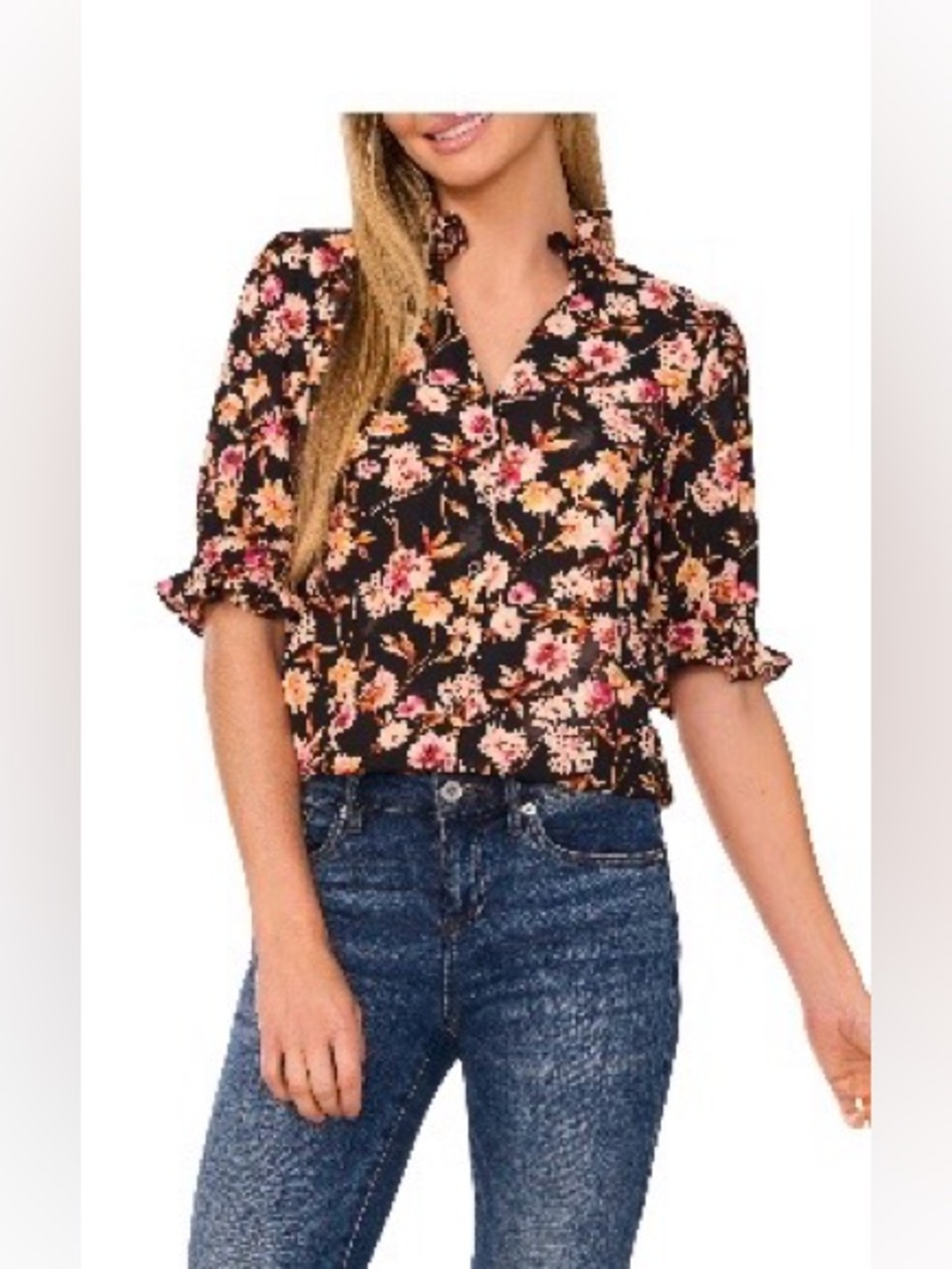 Cece floral black pink orange short sleeve blouse small